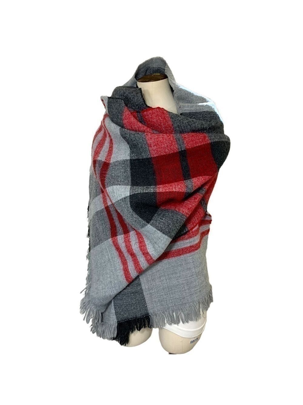 Cozy Soft Buffalo Check Black Gray Red Large Tweed Wrap Scarf Fringed 77" x 29"